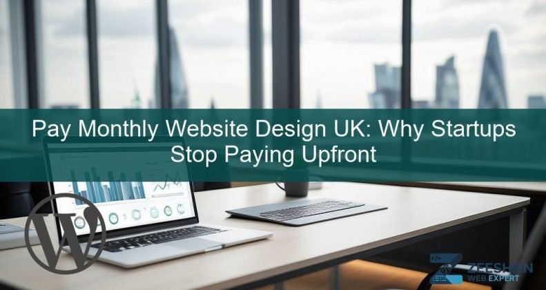 pay monthly website design uk - A startup founder reviewing a modern business website on a laptop in a bright London office.