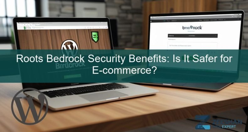 roots bedrock security benefits - A digital shield icon protecting a WordPress e-commerce dashboard on a high-end laptop.