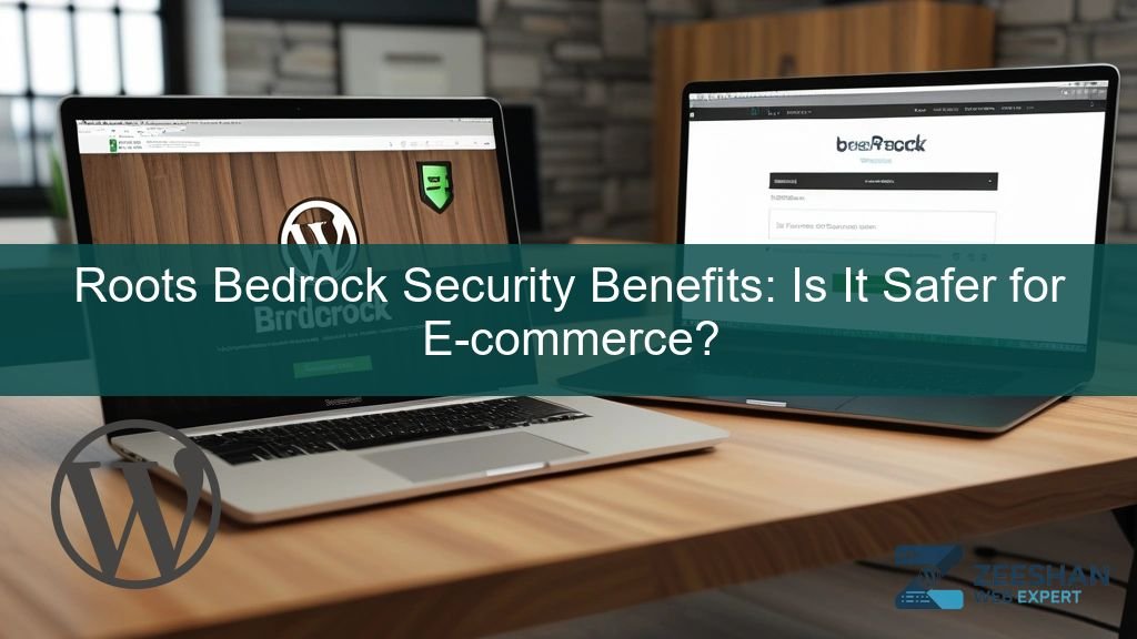 roots bedrock security benefits - A digital shield icon protecting a WordPress e-commerce dashboard on a high-end laptop.