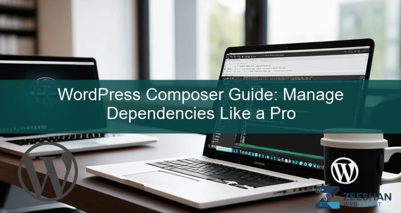 wordpress composer guide - A developer using a terminal window to manage WordPress dependencies with Composer on a laptop.