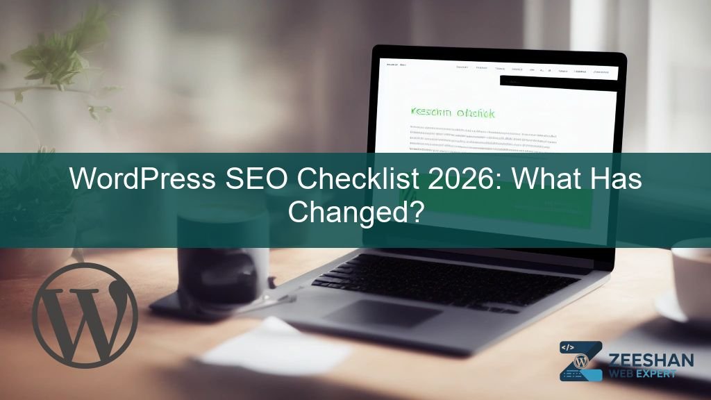 wordpress seo checklist 2026 - A digital marketer analyzing a WordPress SEO dashboard with growth charts on a high-resolution monitor.
