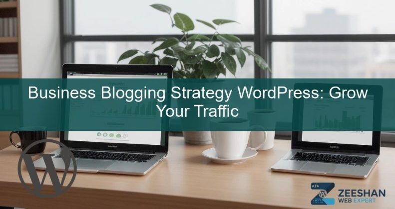 business blogging strategy wordpress - A professional marketer analyzing blog traffic growth on a modern laptop screen.