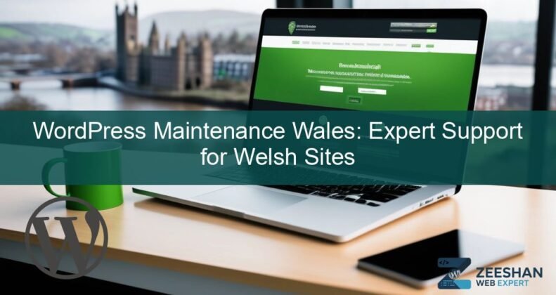 wordpress maintenance wales — a professional developer reviewing a business website in a Cardiff-based office.