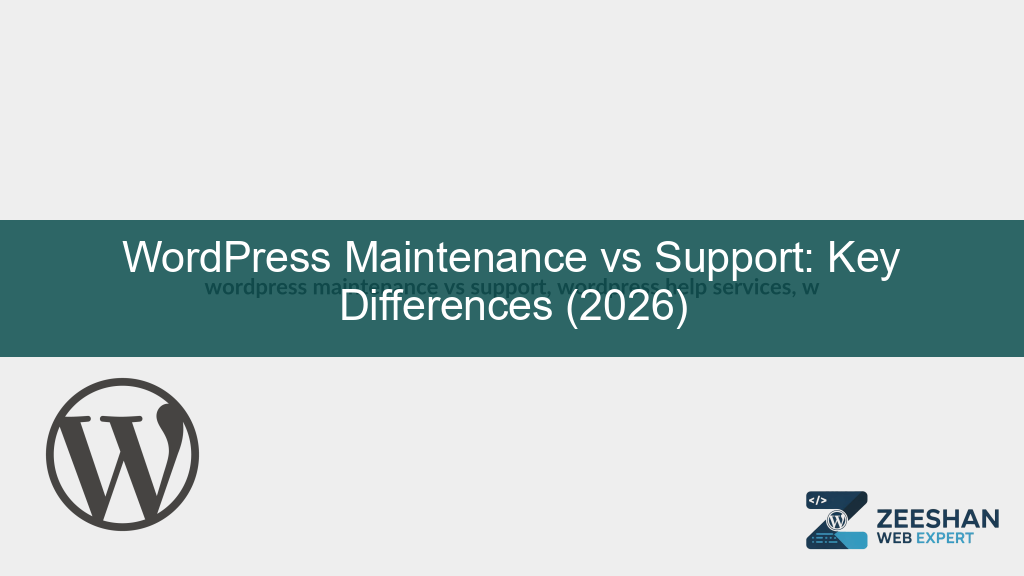 wordpress maintenance vs support — a professional split-screen graphic showing website upkeep and technical help services