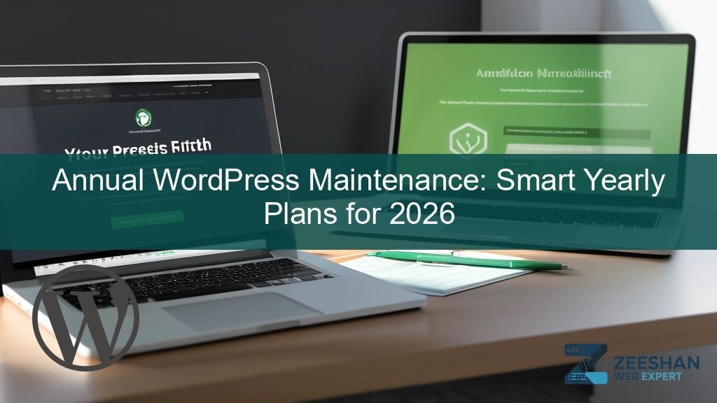annual wordpress maintenance — a professional calendar showing scheduled website health checks next to a laptop